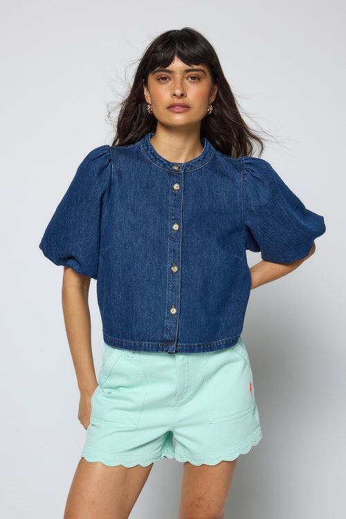 Indigo Boxy Puff Sleeve Denim Jacket