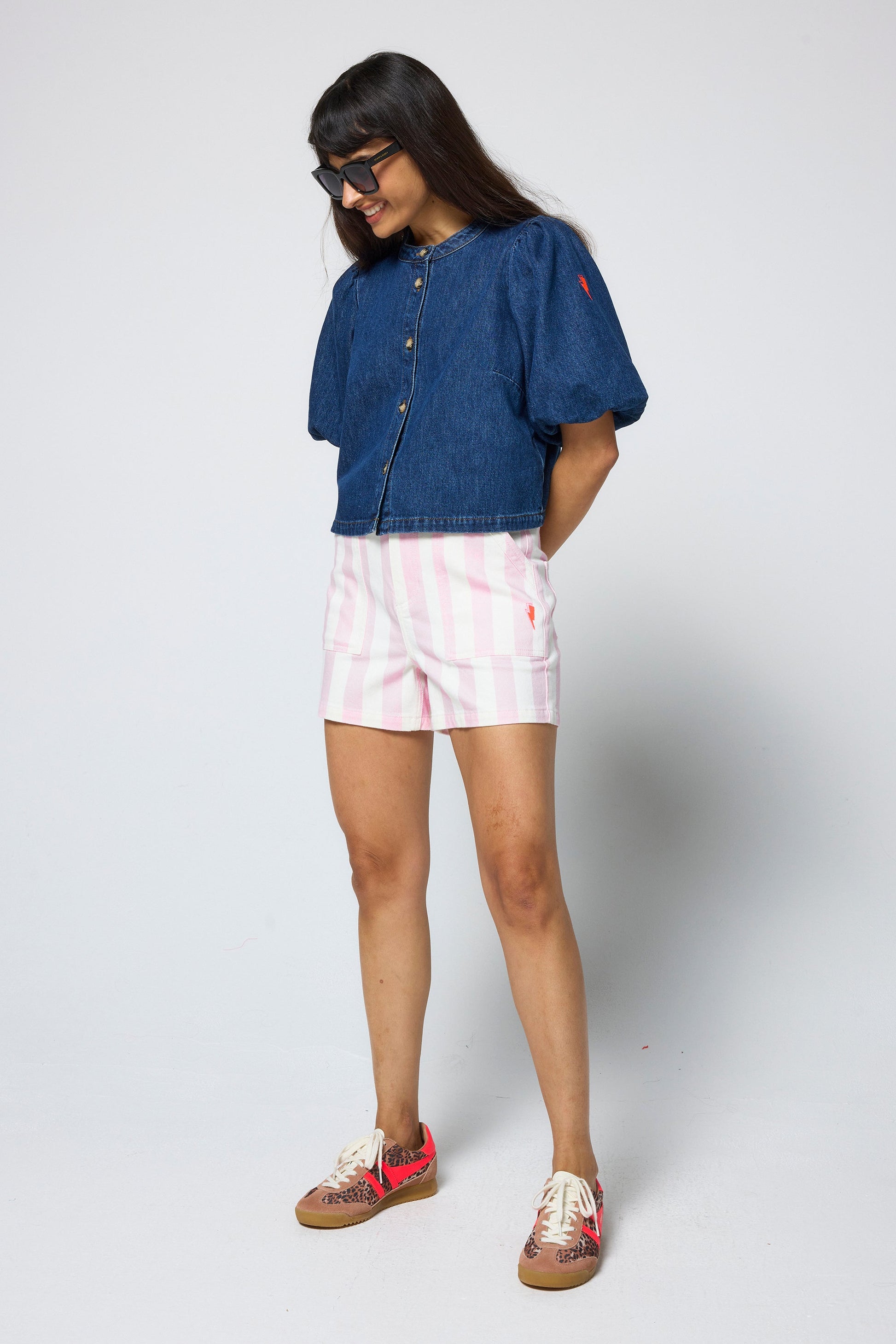 Pink and White Stripe Patch Pocket Denim Shorts