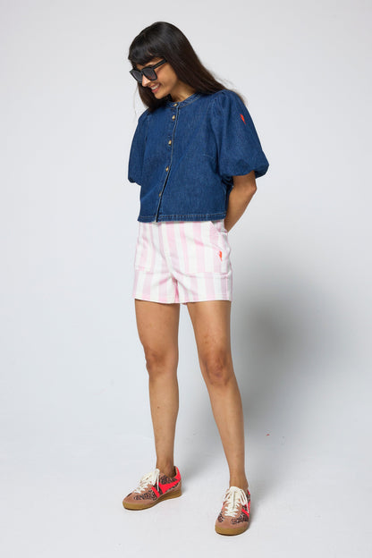 Pink and White Stripe Patch Pocket Denim Shorts