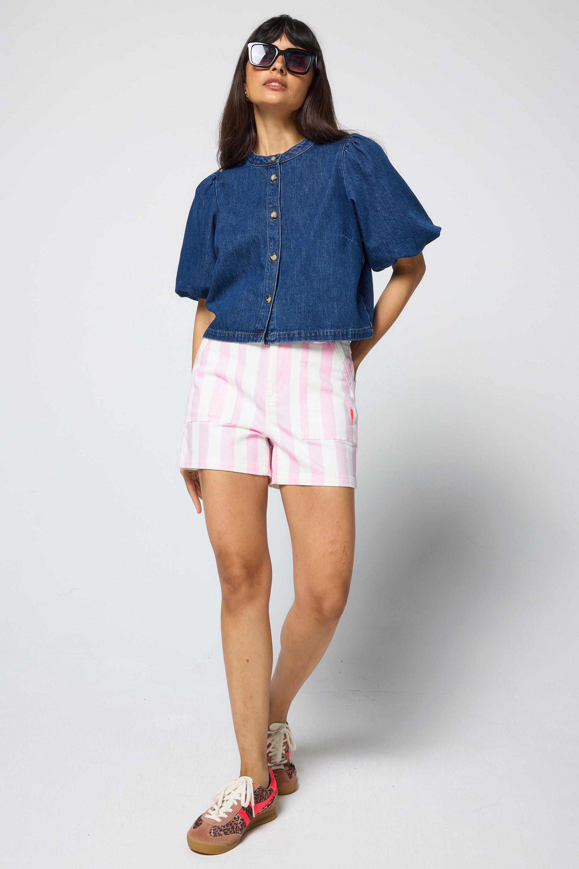 Pink and White Stripe Patch Pocket Denim Shorts