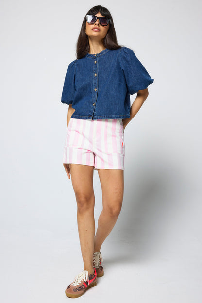 Pink and White Stripe Patch Pocket Denim Shorts