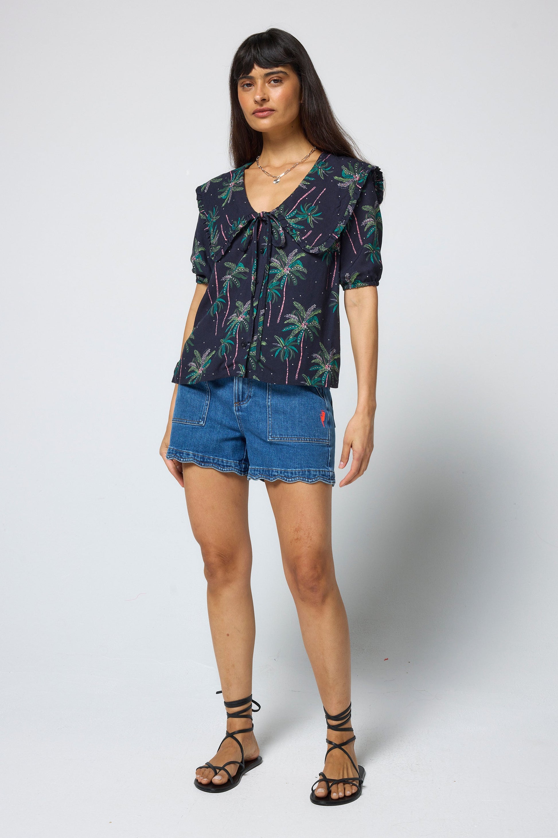 Navy Midnight Palm Collared Short Sleeve Blouse