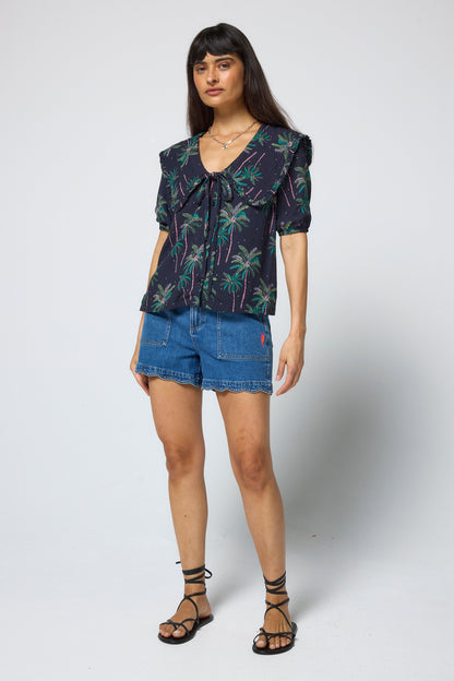 Navy Midnight Palm Collared Short Sleeve Blouse