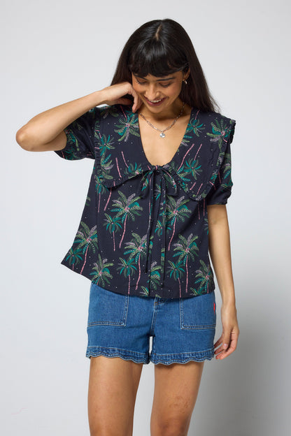 Navy Midnight Palm Collared Short Sleeve Blouse