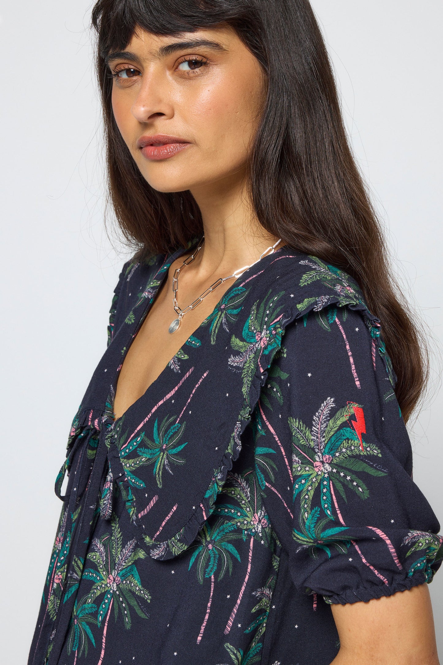 Navy Midnight Palm Collared Short Sleeve Blouse