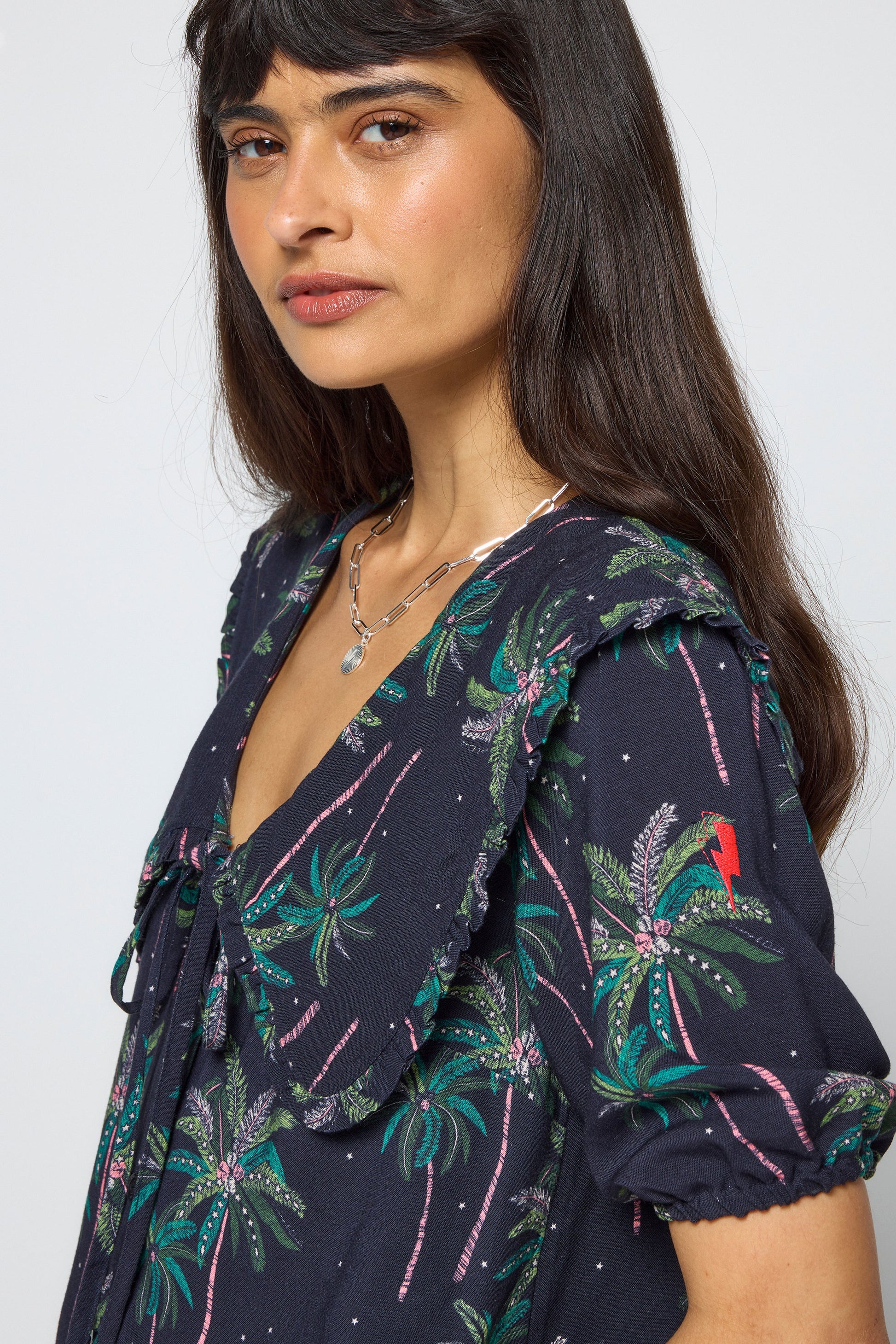 Navy Midnight Palm Collared Short Sleeve Blouse