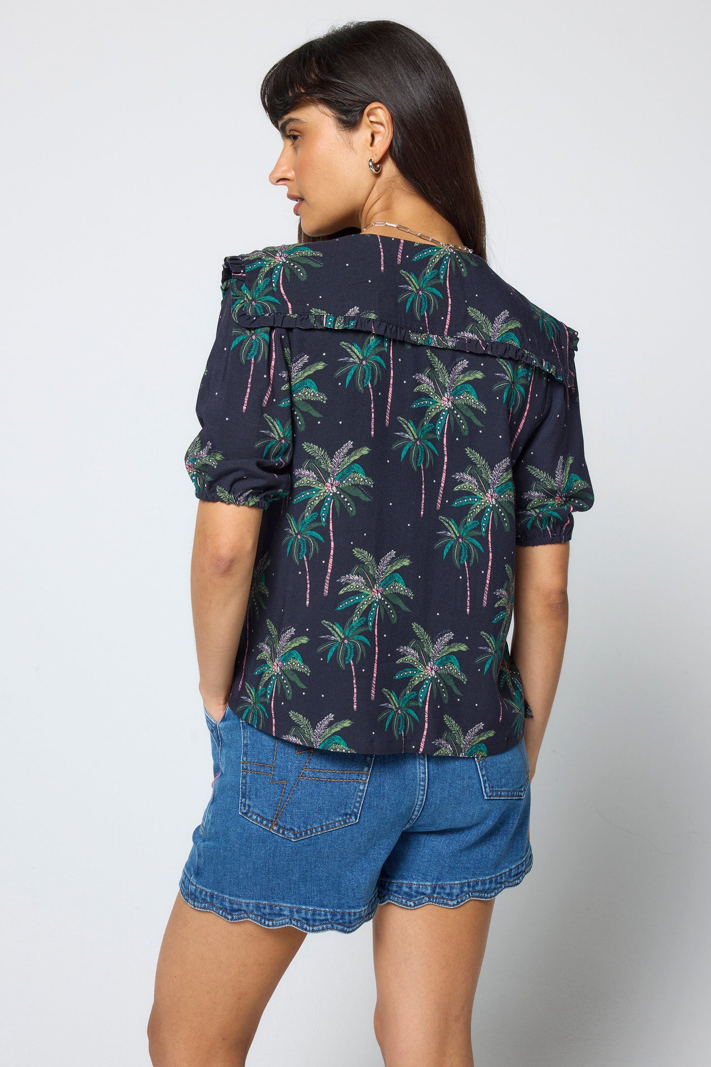 Navy Midnight Palm Collared Short Sleeve Blouse