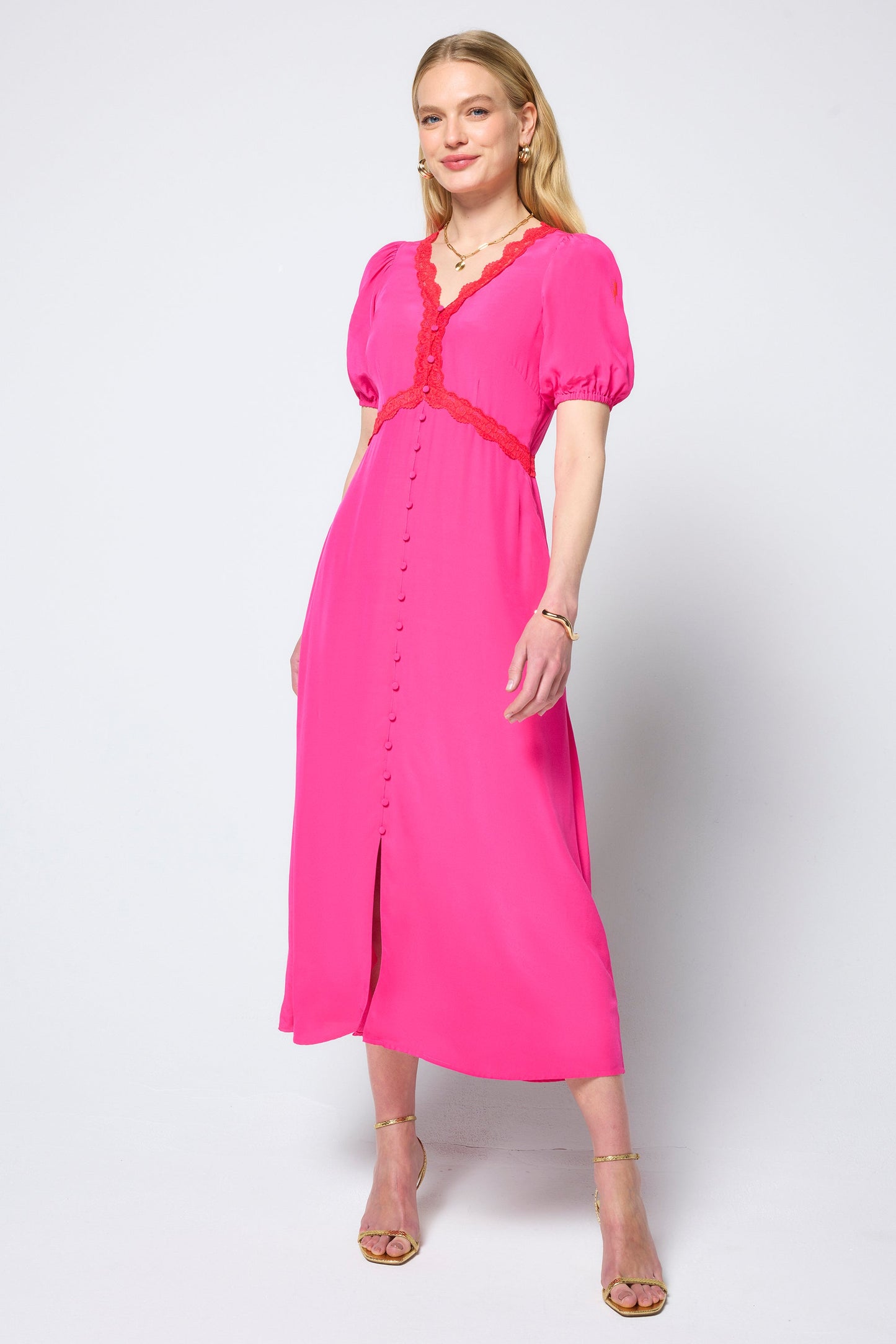 Pink with Coral Lace Trim Midi Tea Dress