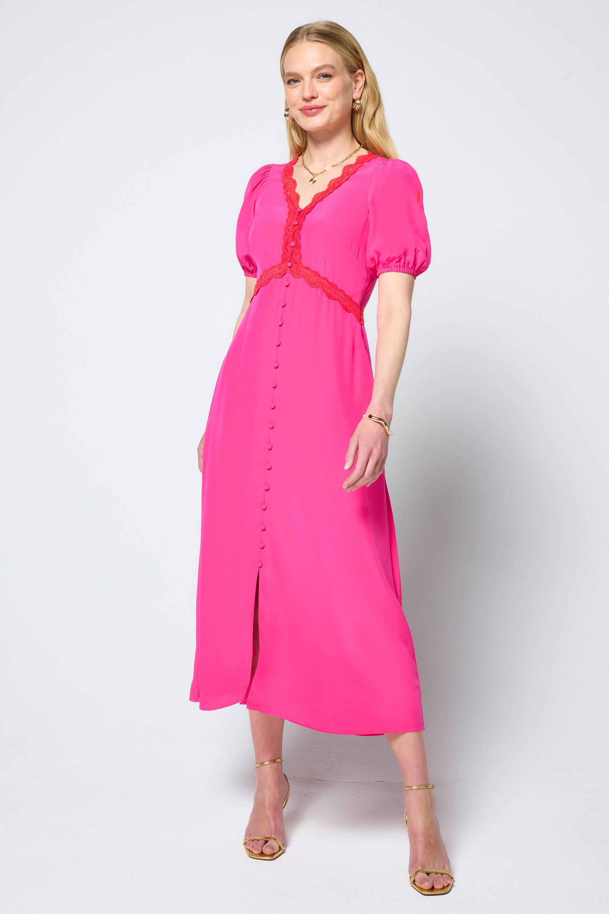 Pink with Coral Lace Trim Midi Tea Dress