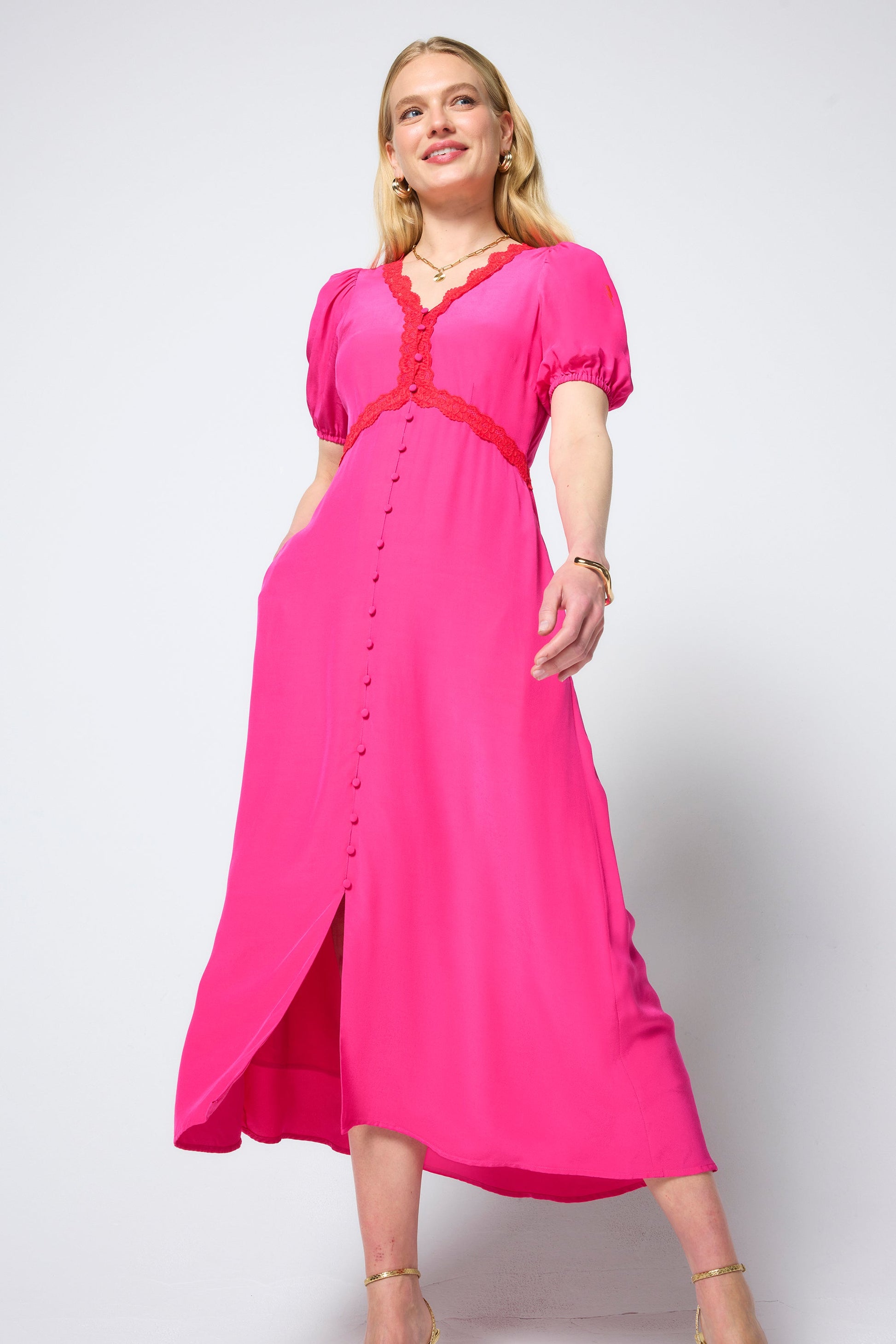 Pink with Coral Lace Trim Midi Tea Dress