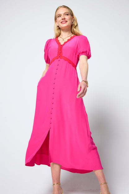 Pink with Coral Lace Trim Midi Tea Dress