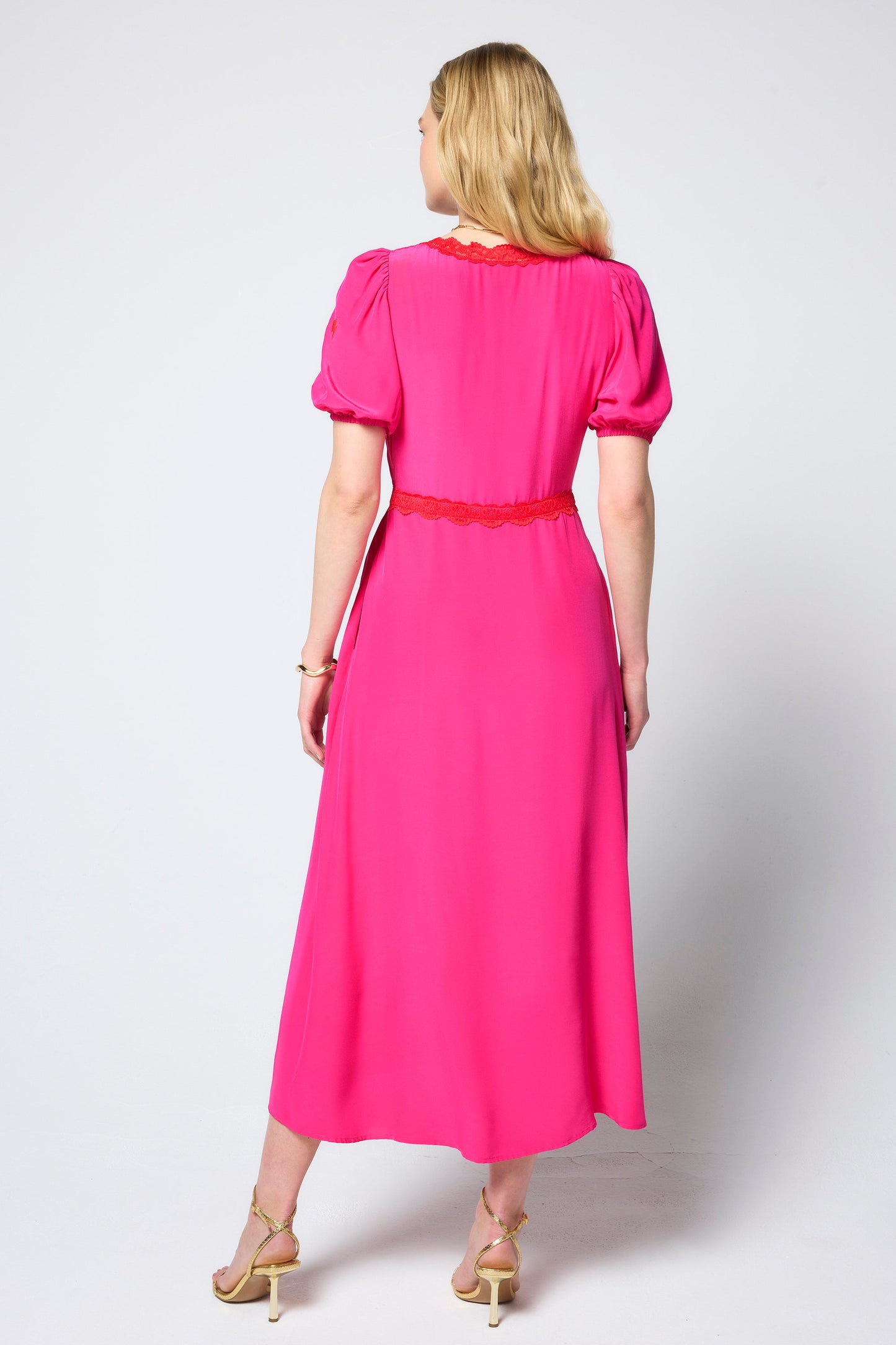 Pink with Coral Lace Trim Midi Tea Dress