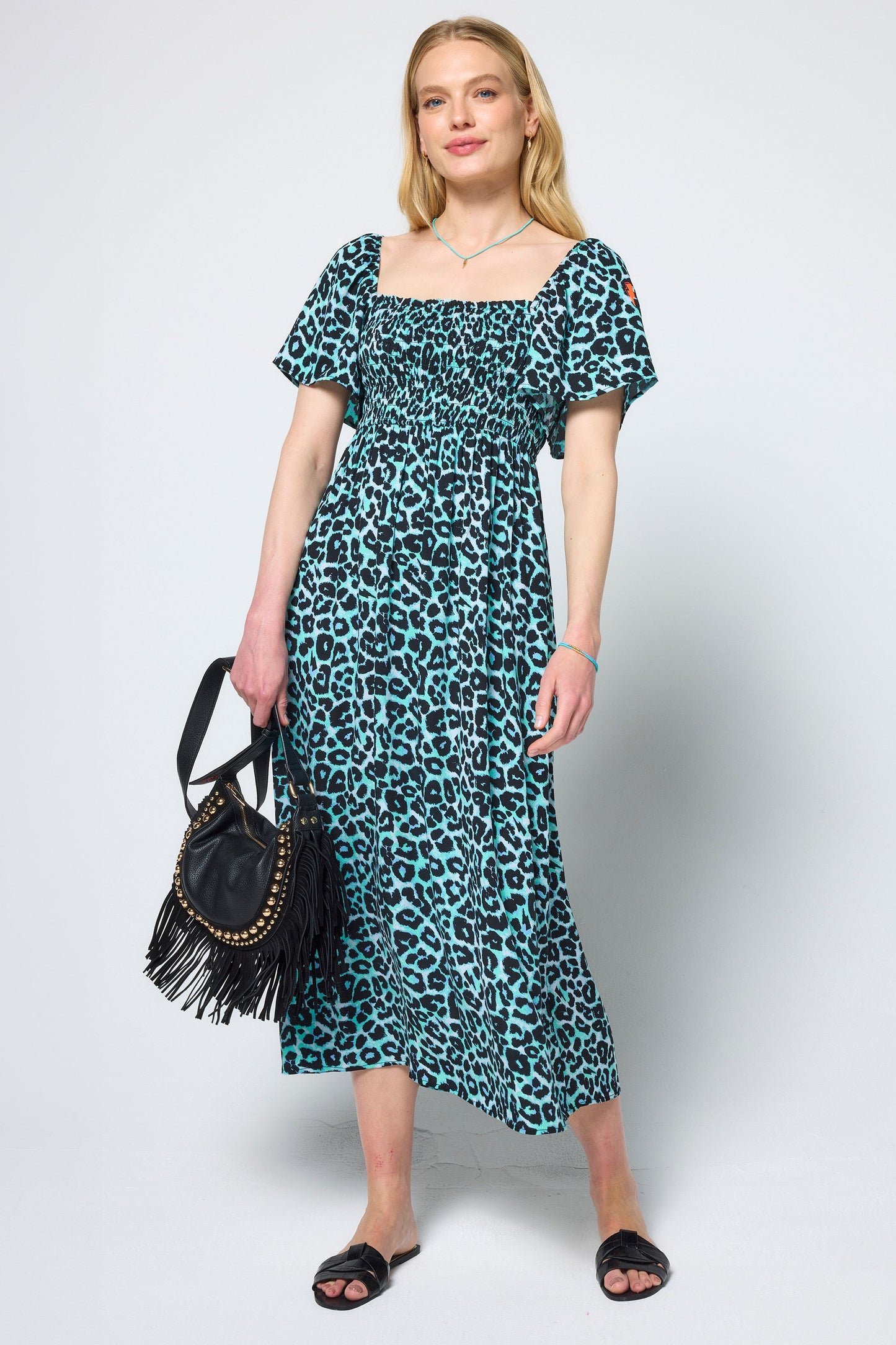 Mint Jaguar Shirred Square Neck Midi Dress