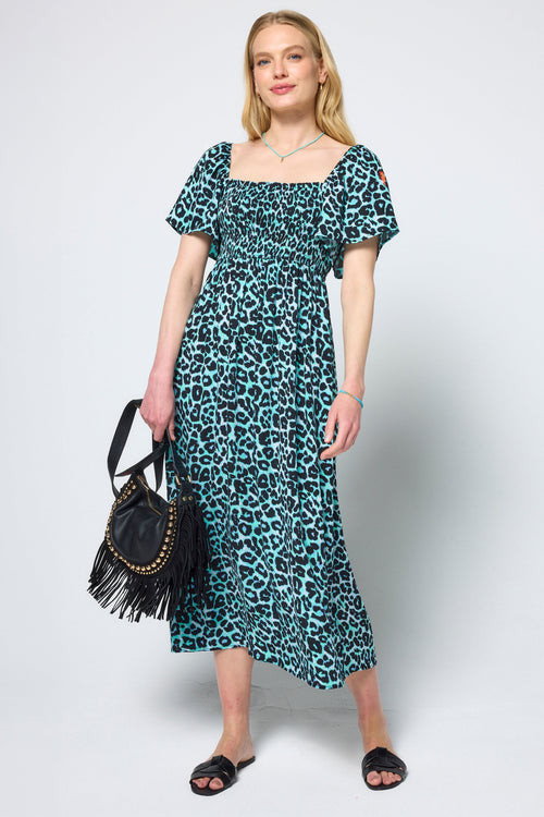 Mint Jaguar Shirred Square Neck Midi Dress