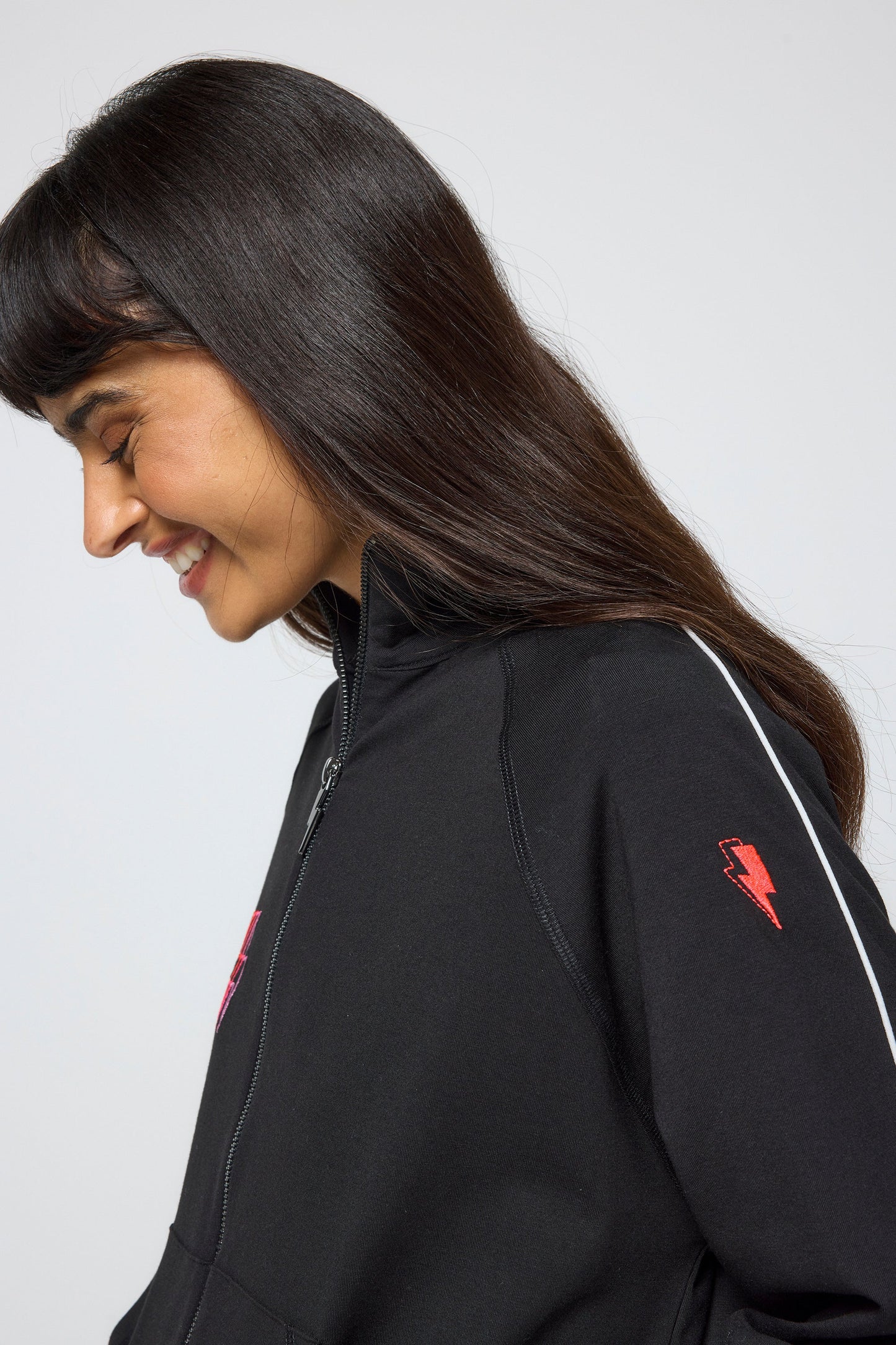 Black Funnel Neck Zip Through Sweat Top
