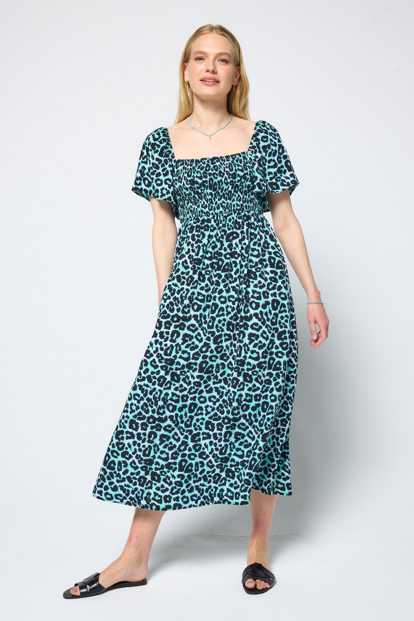 Mint Jaguar Shirred Square Neck Midi Dress