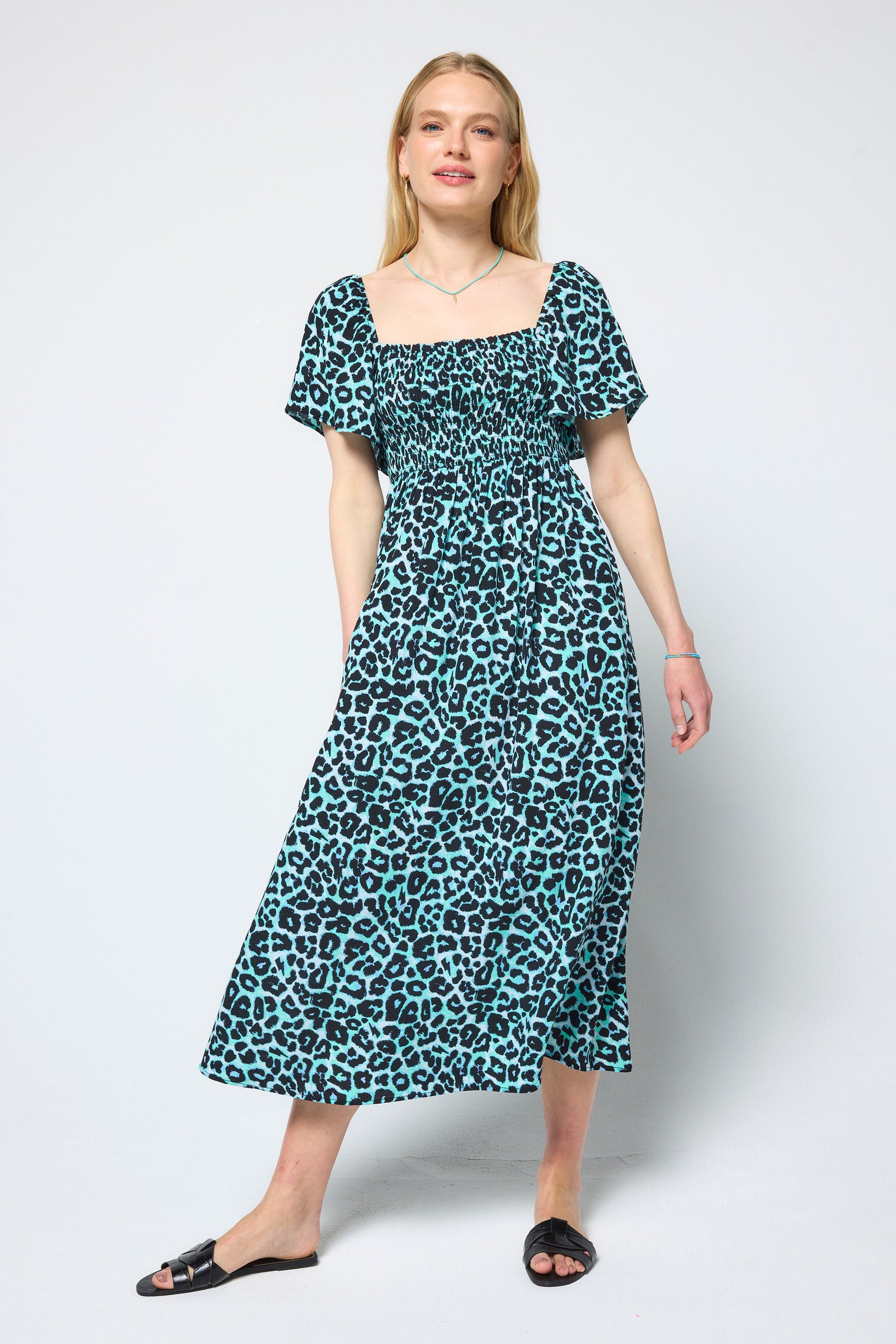 Mint Jaguar Shirred Square Neck Midi Dress