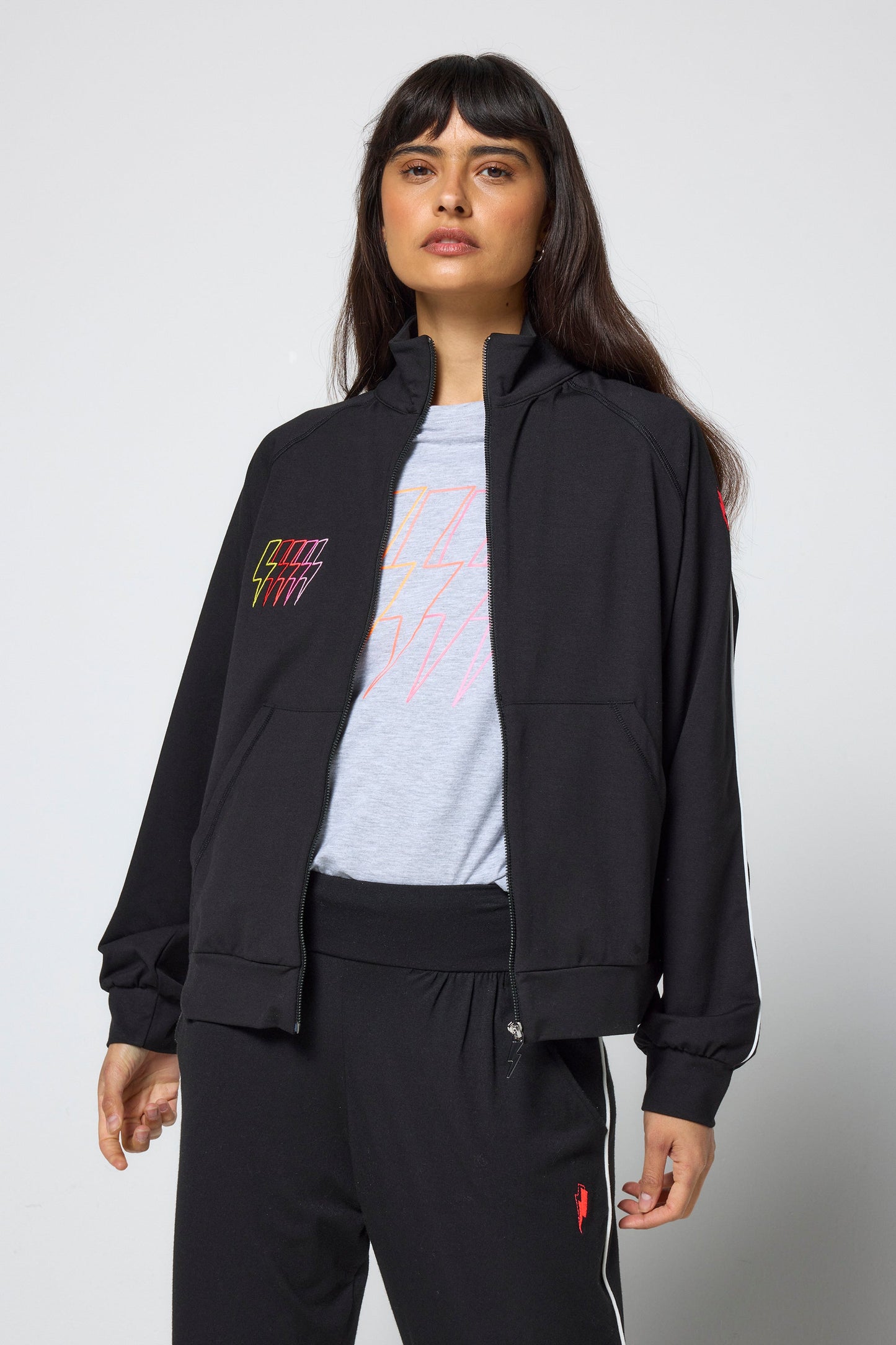 Black Funnel Neck Zip Through Sweat Top