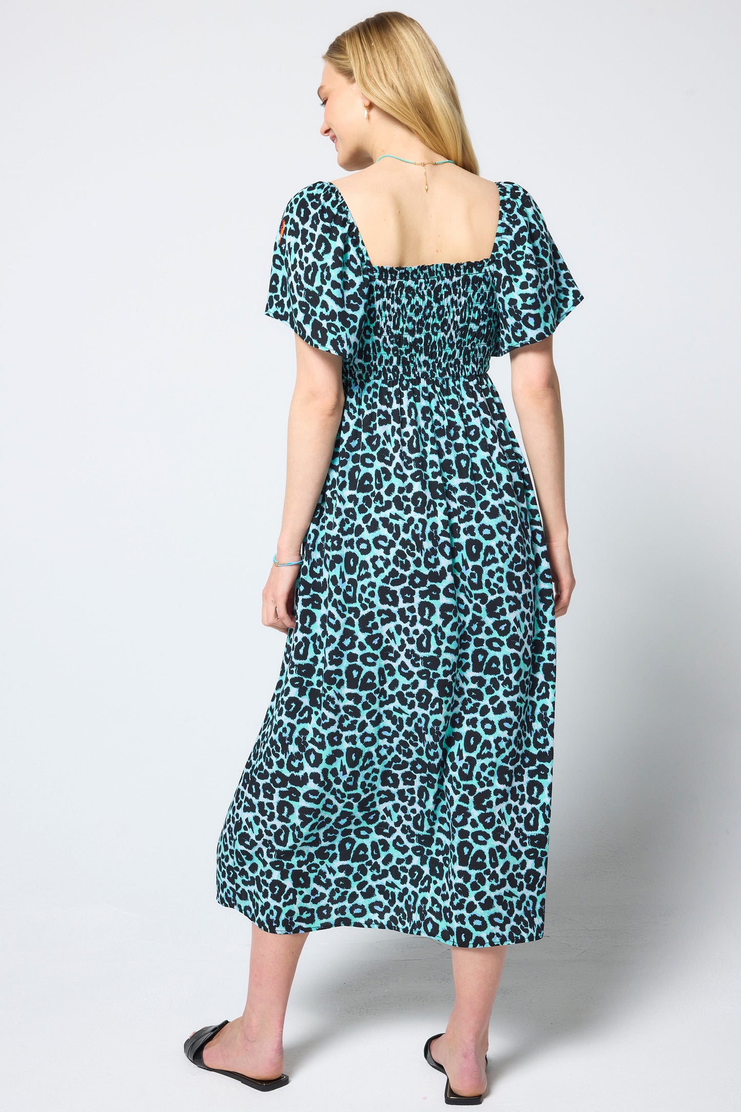 Mint Jaguar Shirred Square Neck Midi Dress