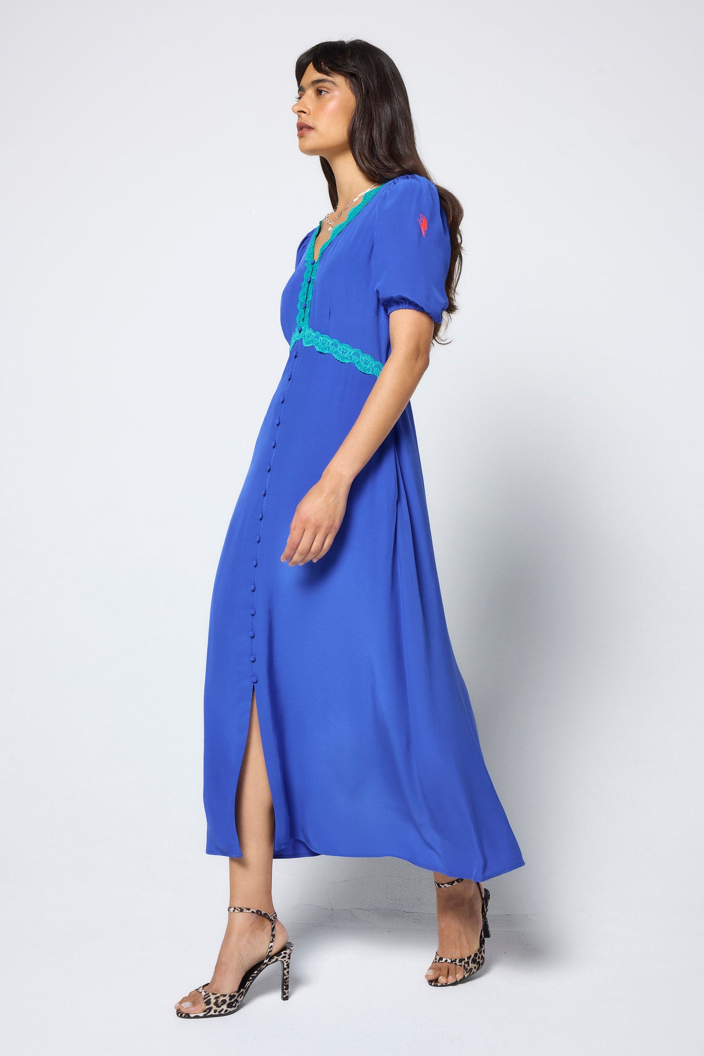 Blue with Green Lace Trim Puff Sleeve Midi Tea Dress