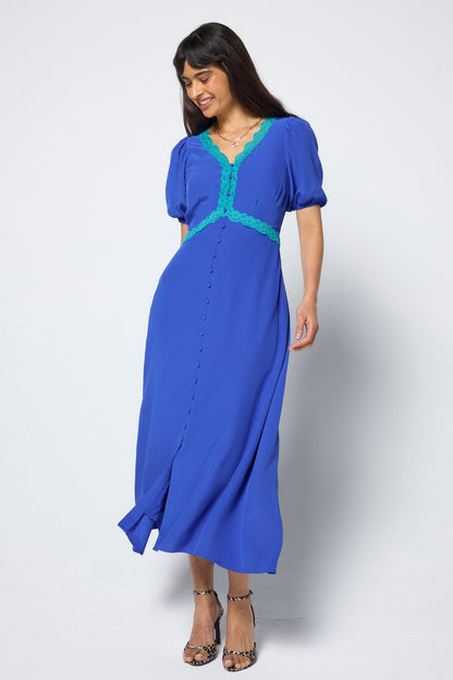 Blue with Green Lace Trim Puff Sleeve Midi Tea Dress