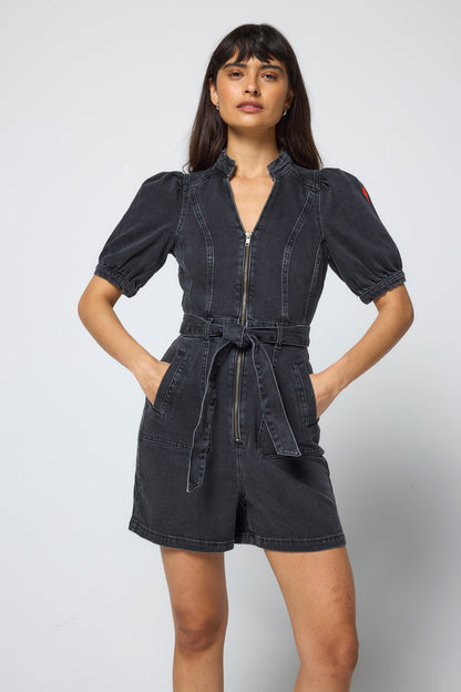 Washed Black Zip Detail Denim Playsuit