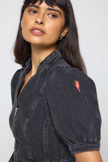 Washed Black Zip Detail Denim Playsuit