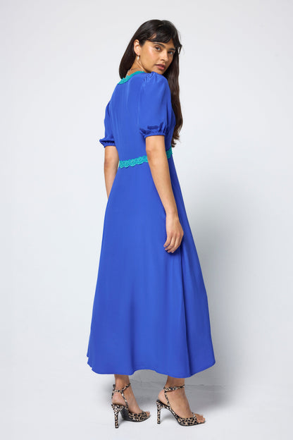 Blue with Green Lace Trim Puff Sleeve Midi Tea Dress