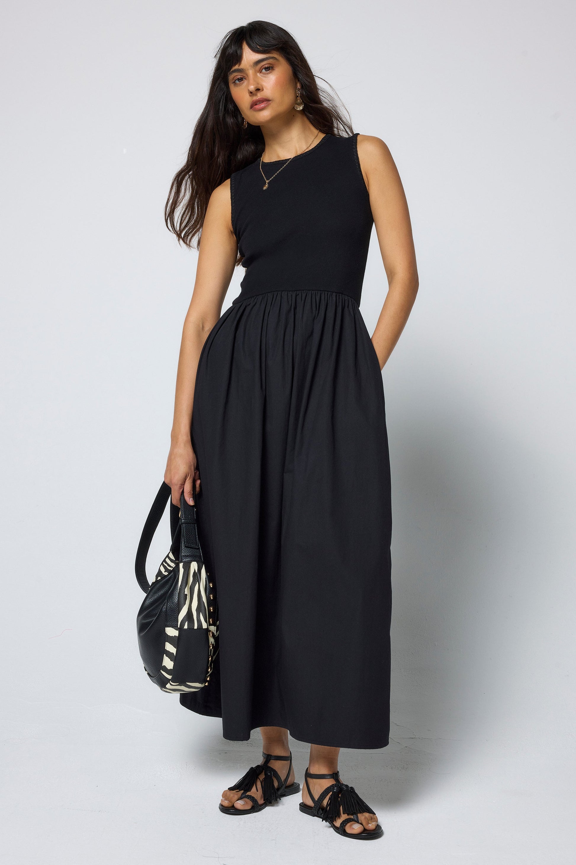 Black Jersey Woven Mix Midi Dress