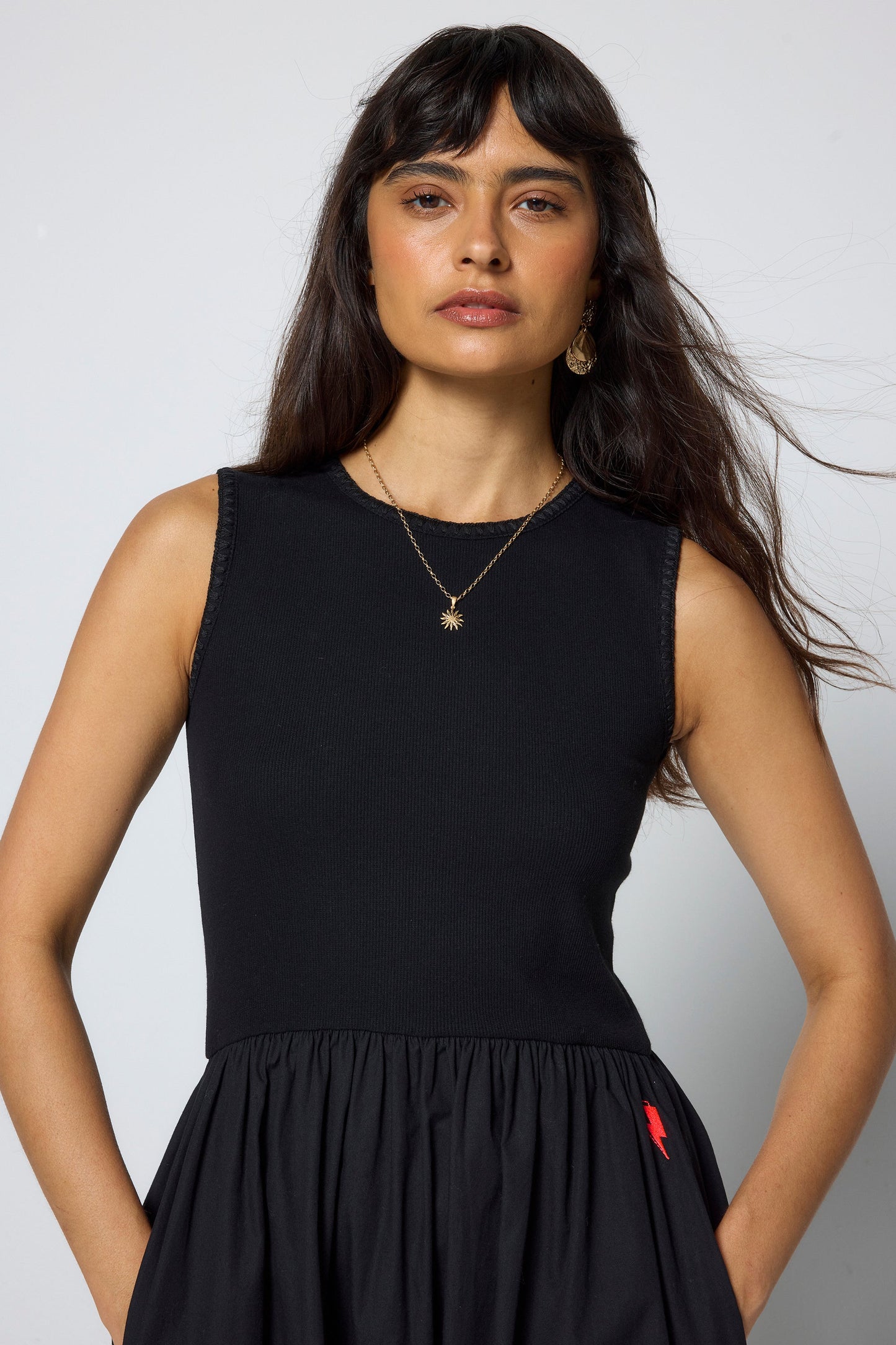 Black Jersey Woven Mix Midi Dress