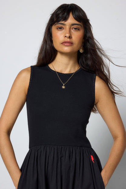 Black Jersey Woven Mix Midi Dress