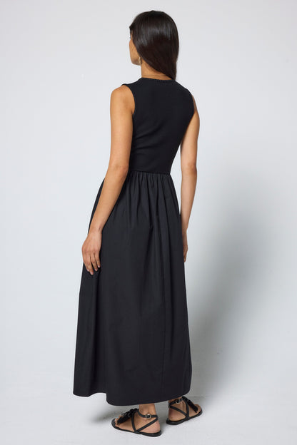 Black Jersey Woven Mix Midi Dress