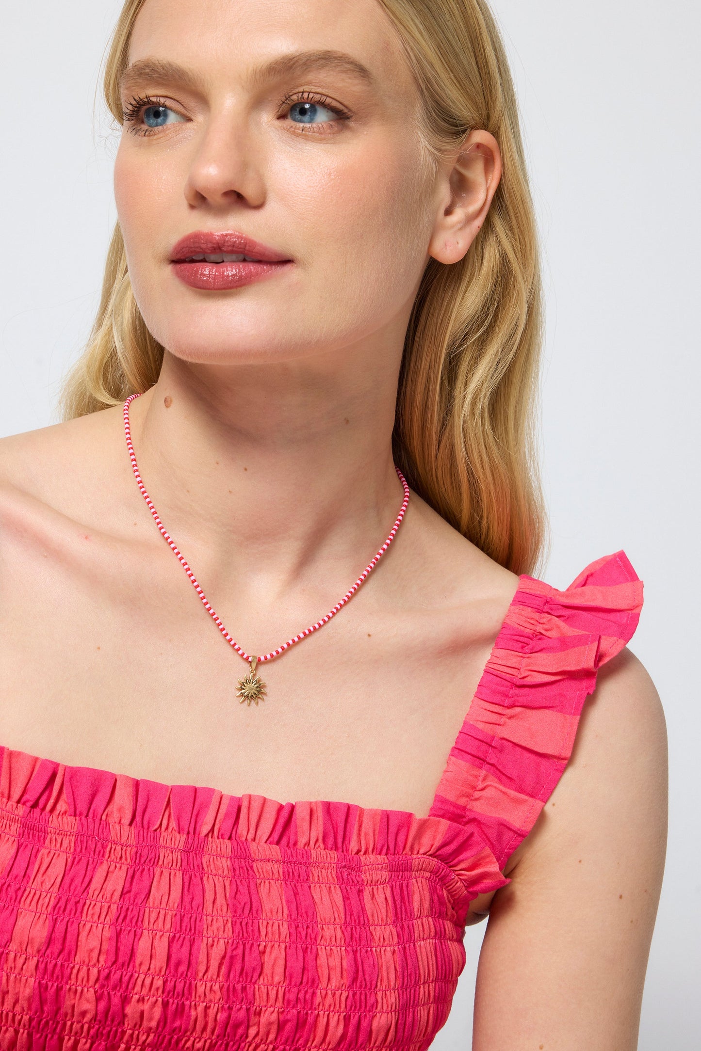 Red and Pink Bead Gold Sunstar Necklace