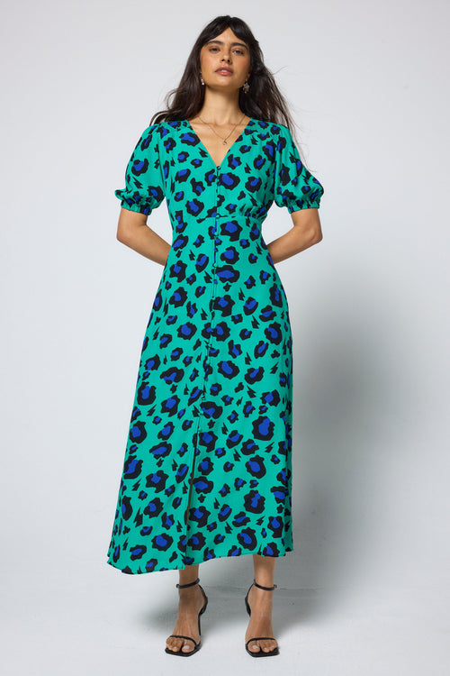 Green with Blue and Black Shadow Leopard Blouson Sleeve Midi Tea Dress
