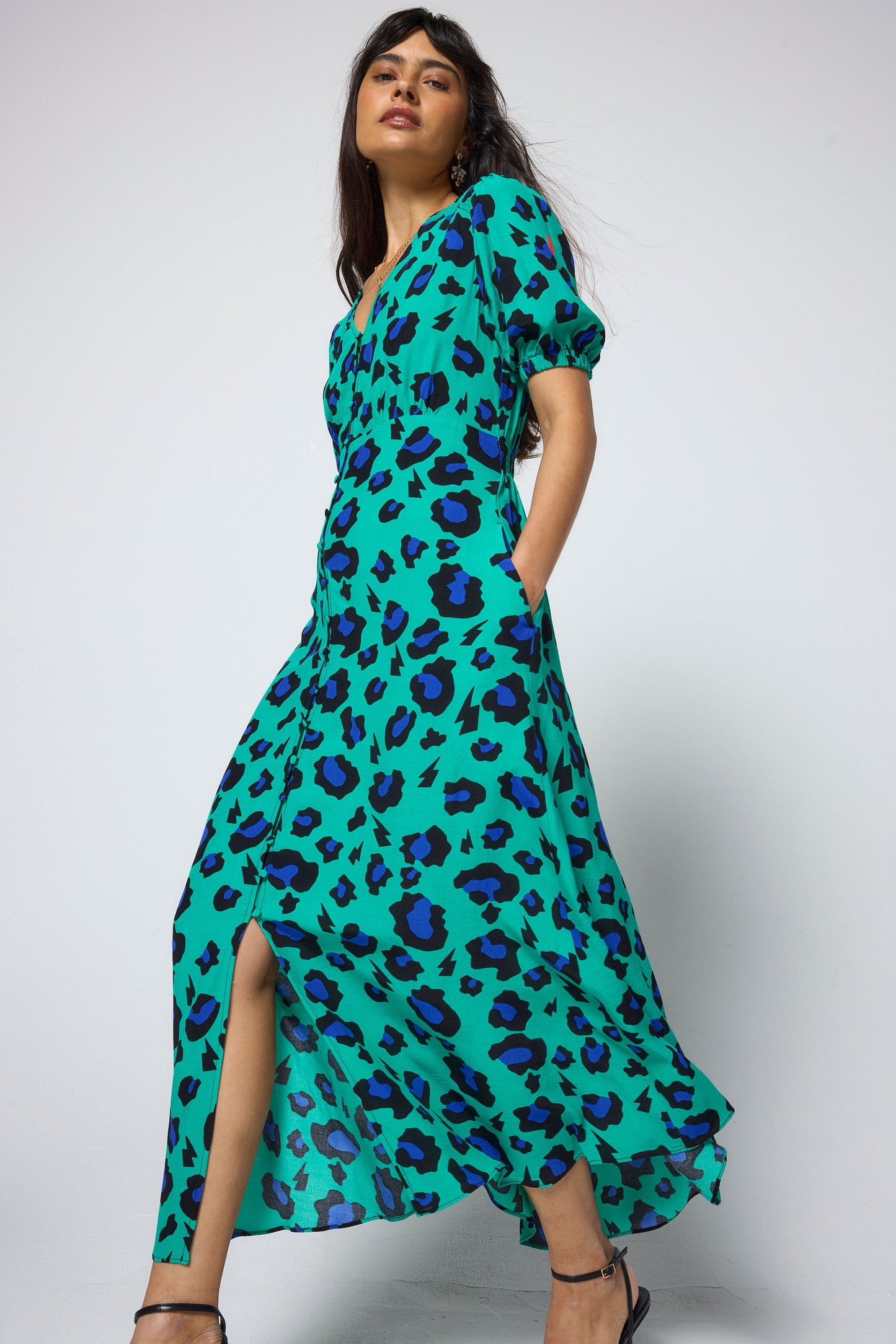 Green with Blue and Black Shadow Leopard Blouson Sleeve Midi Tea Dress
