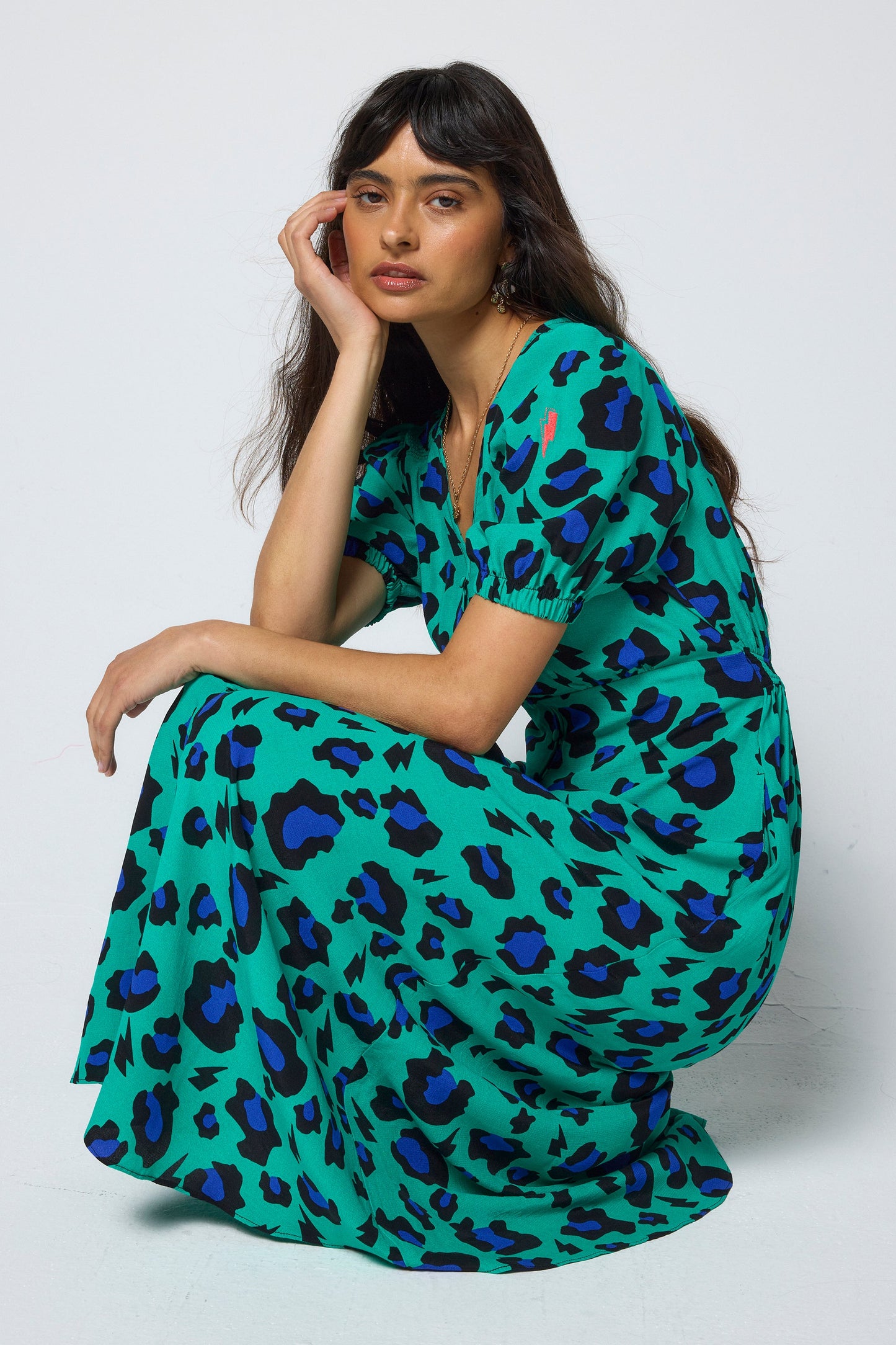Green with Blue and Black Shadow Leopard Blouson Sleeve Midi Tea Dress
