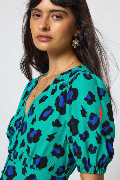 Green with Blue and Black Shadow Leopard Blouson Sleeve Midi Tea Dress