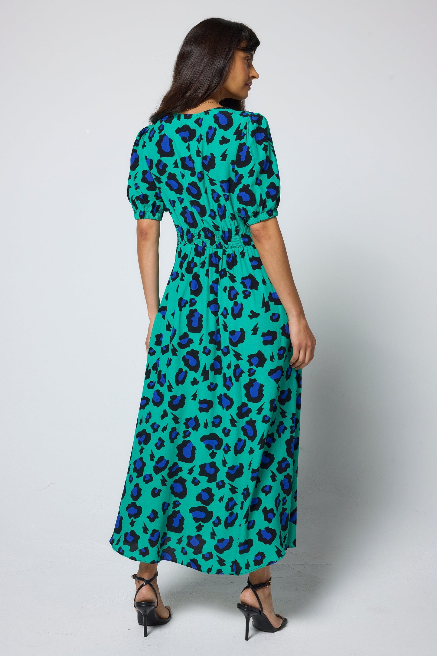 Green with Blue and Black Shadow Leopard Blouson Sleeve Midi Tea Dress