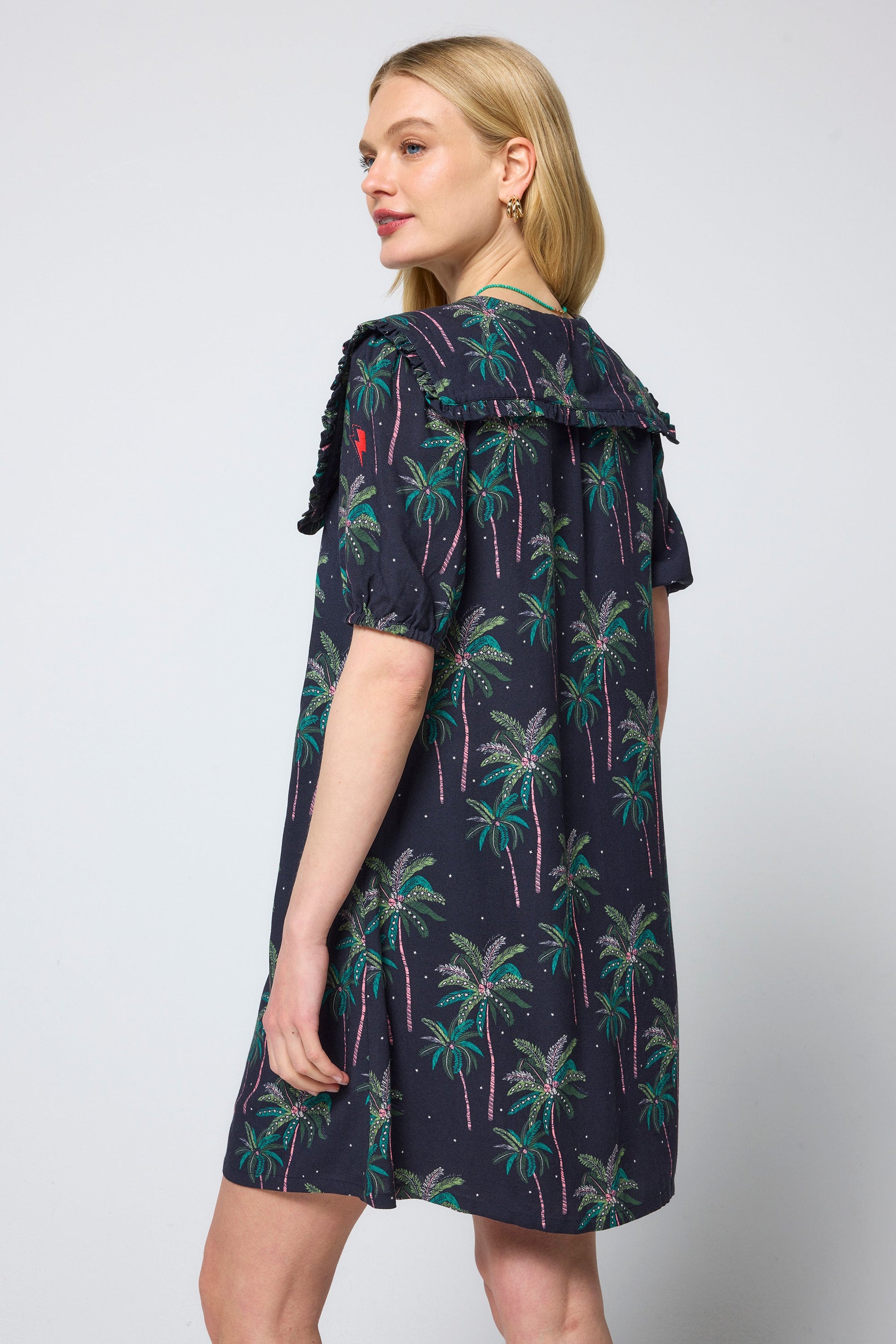 Navy Midnight Palm Collared Short Dress