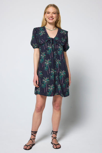 Navy Midnight Palm Collared Short Dress