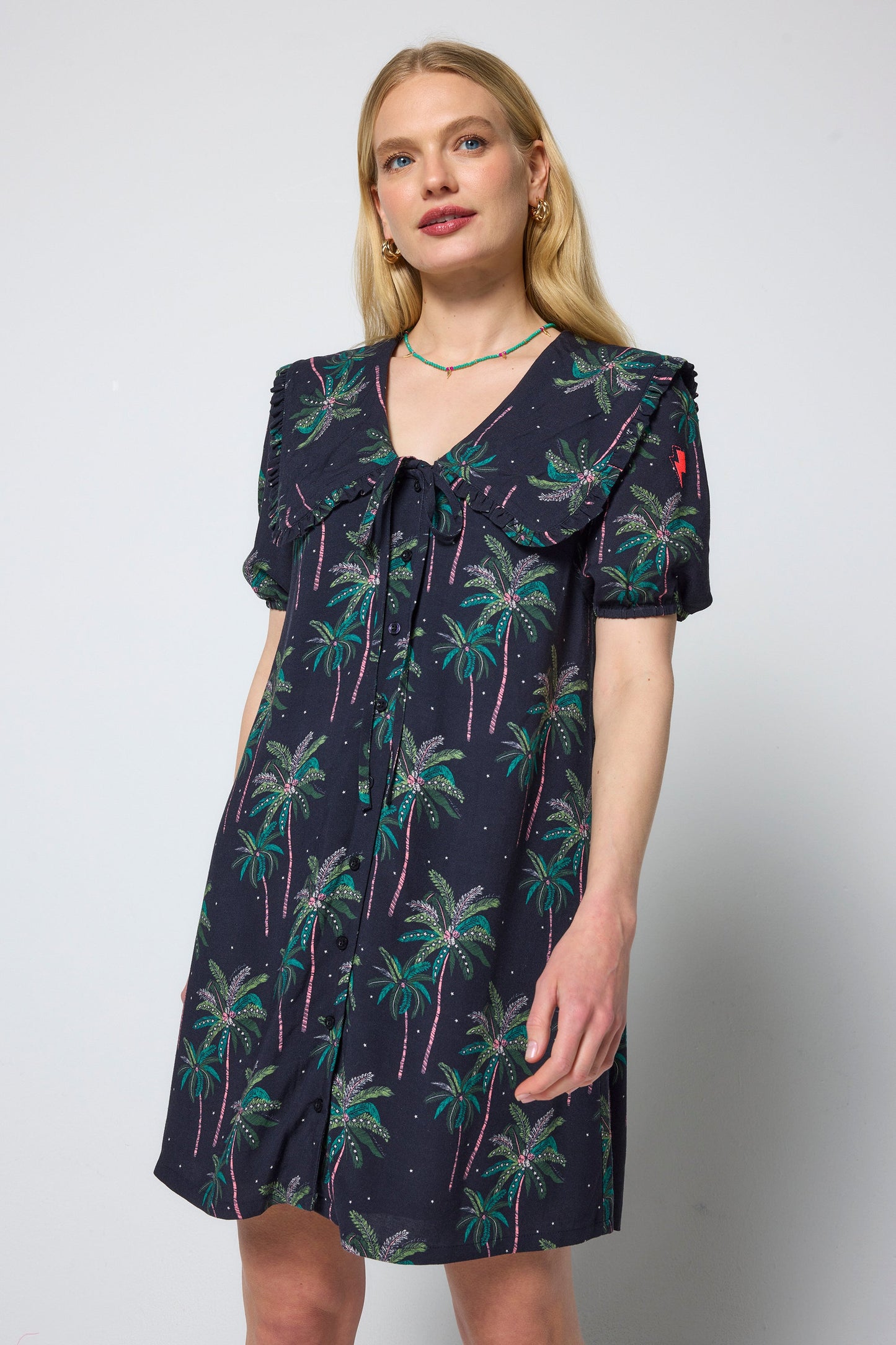 Navy Midnight Palm Collared Short Dress
