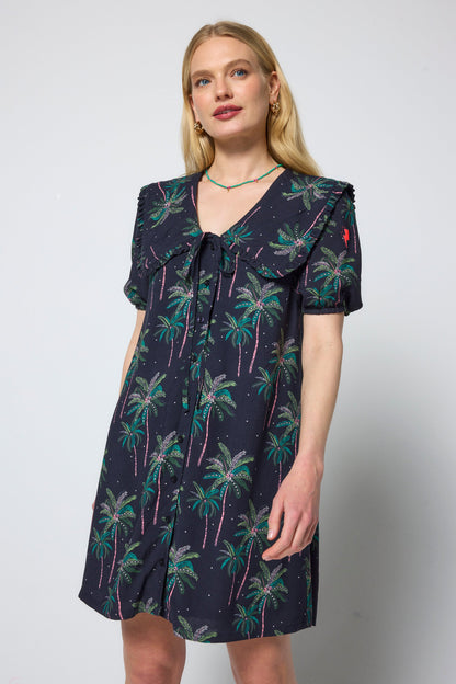 Navy Midnight Palm Collared Short Dress
