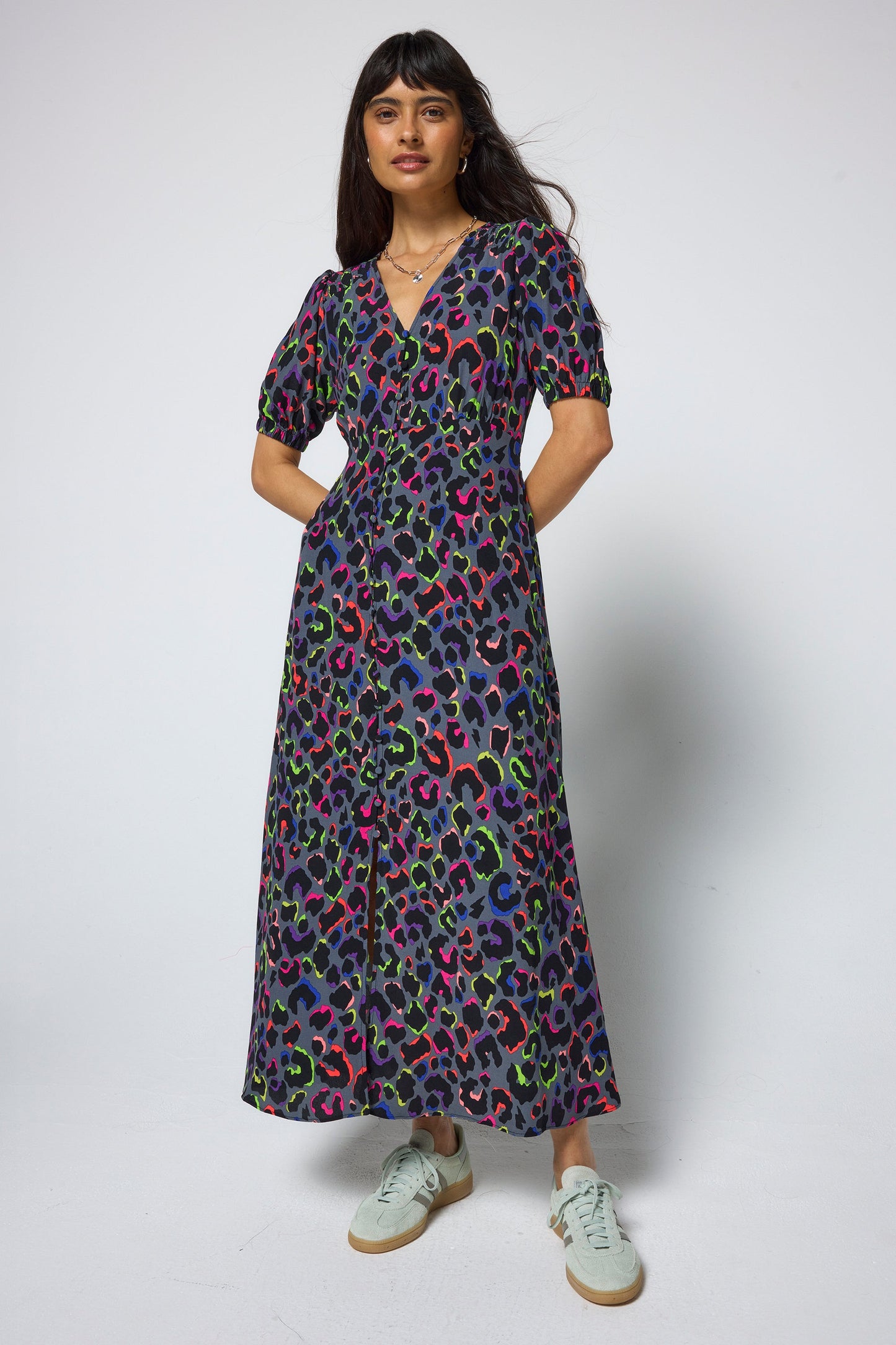 Grey with Rainbow Shadow Leopard Blouson Sleeve Midi Tea Dress