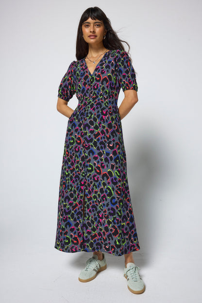 Grey with Rainbow Shadow Leopard Blouson Sleeve Midi Tea Dress