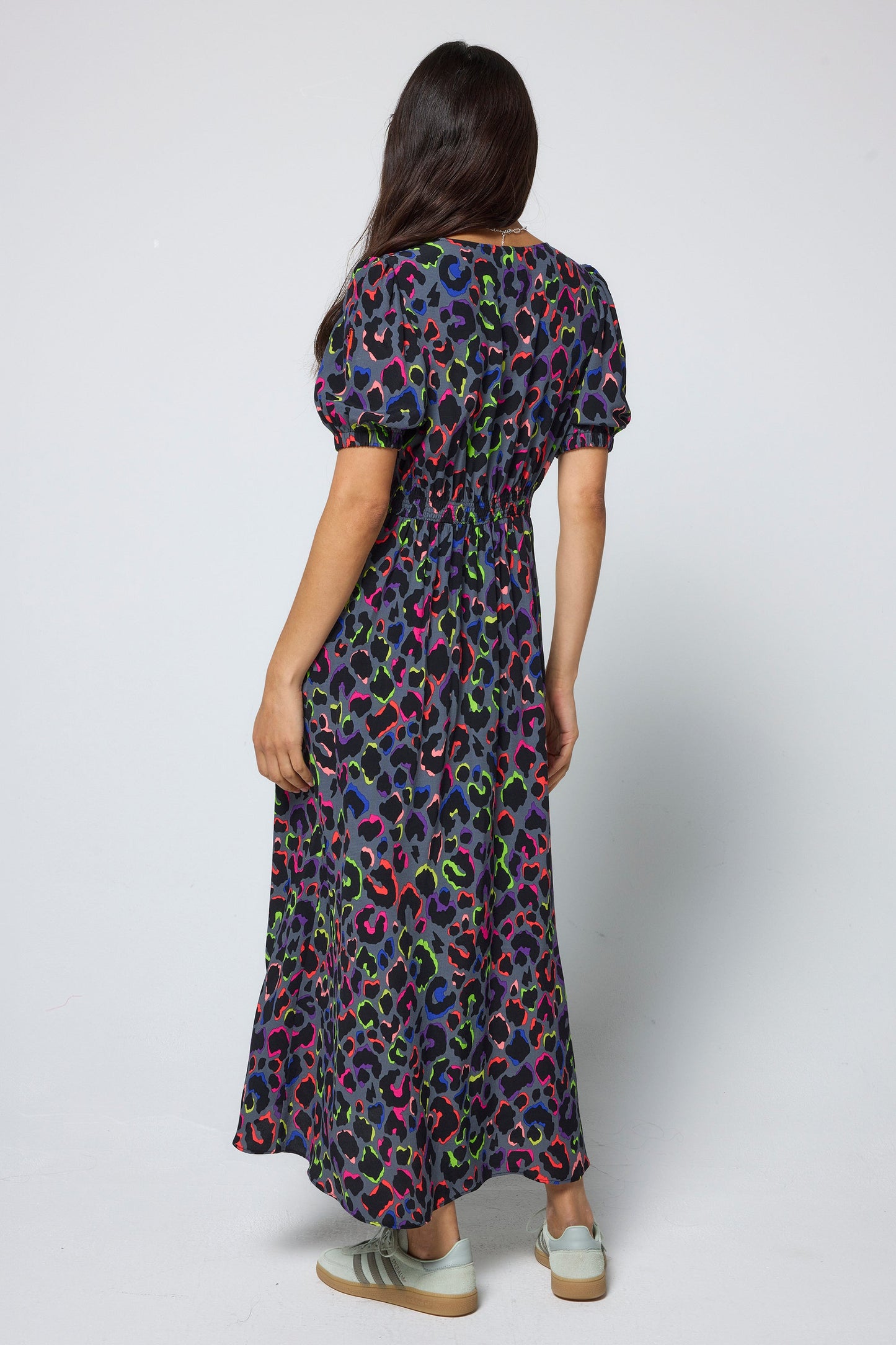 Grey with Rainbow Shadow Leopard Blouson Sleeve Midi Tea Dress