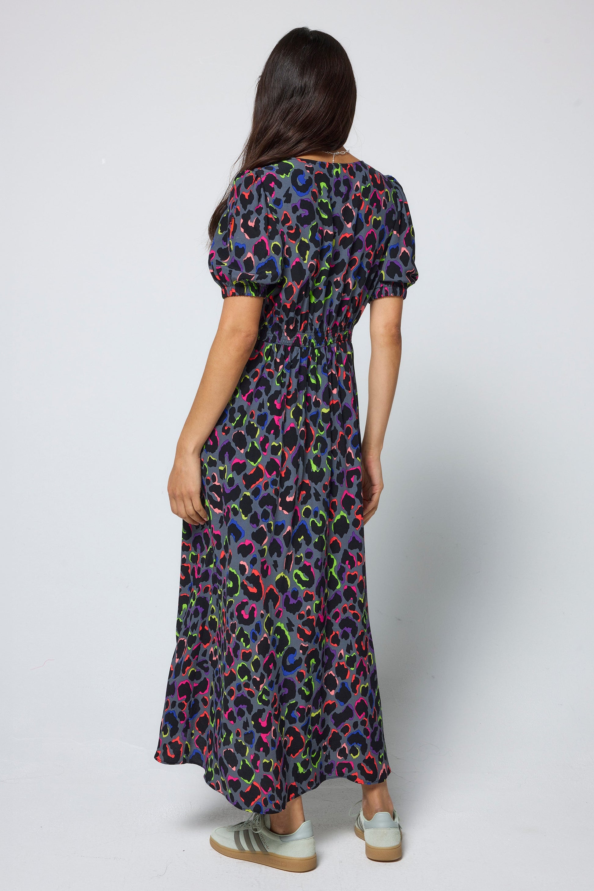Grey with Rainbow Shadow Leopard Blouson Sleeve Midi Tea Dress