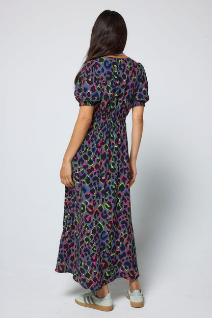 Grey with Rainbow Shadow Leopard Blouson Sleeve Midi Tea Dress