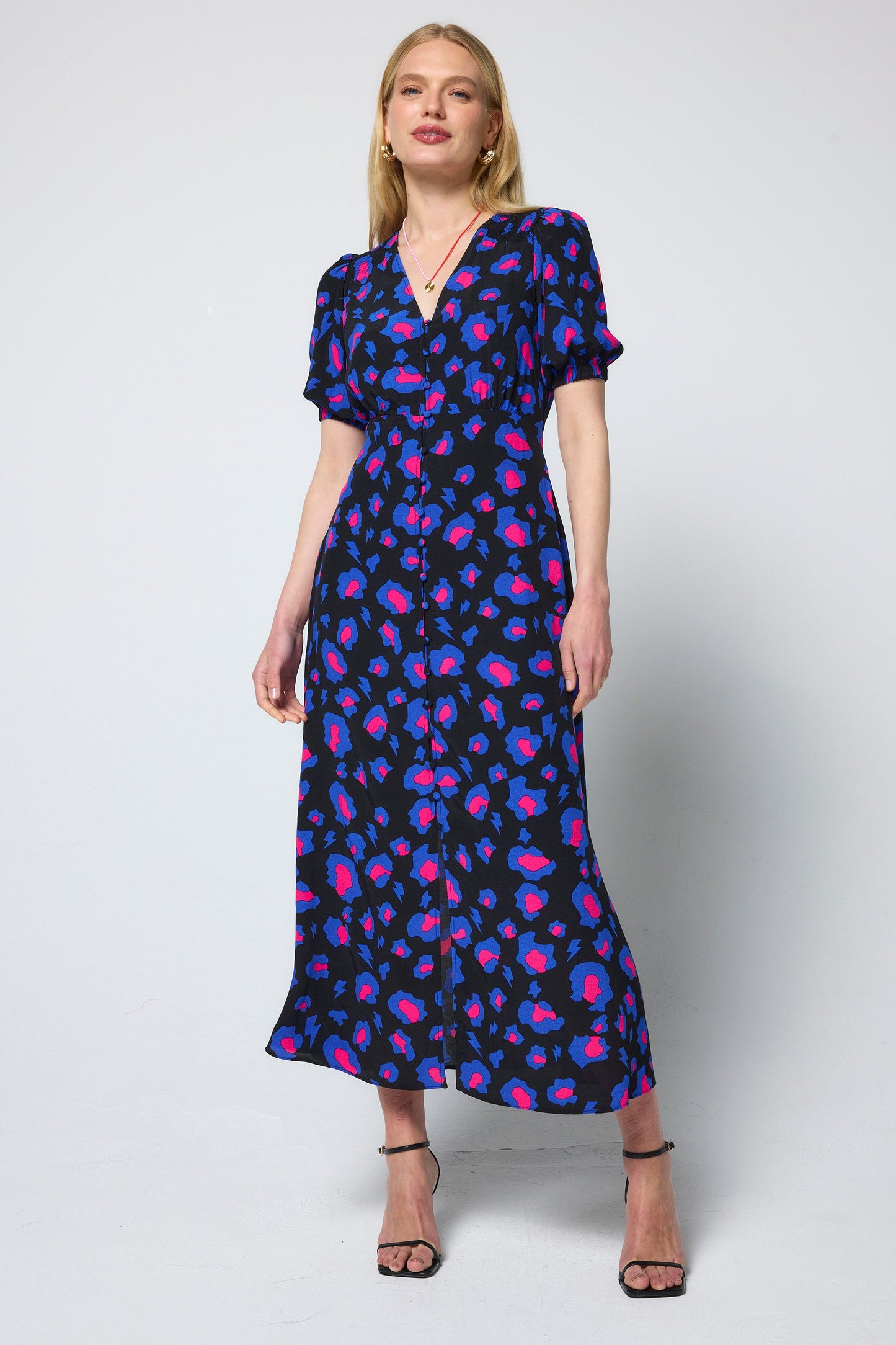 Black with Blue and Pink Shadow Leopard Blouson Sleeve Midi Tea Dress