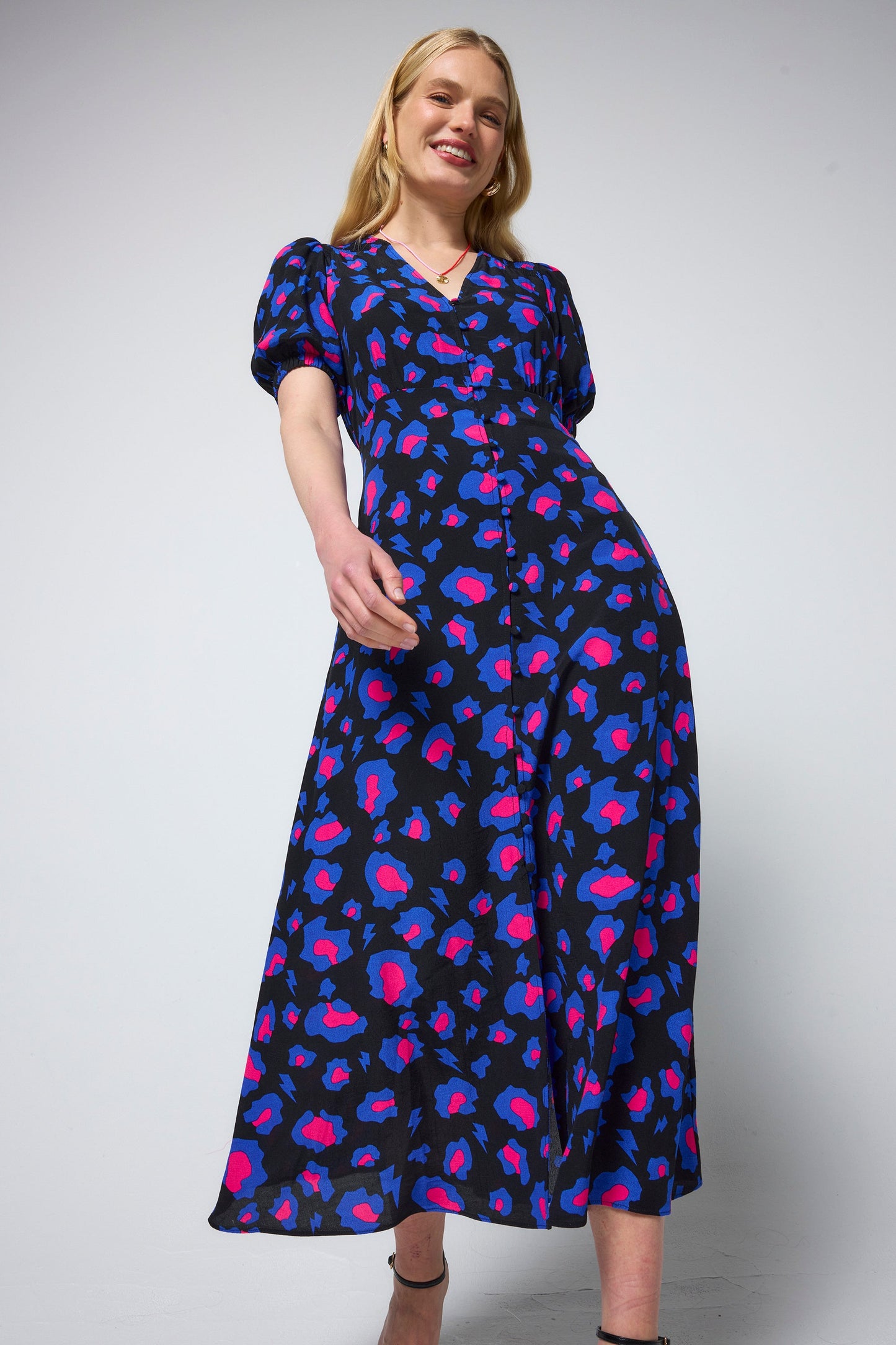 Black with Blue and Pink Shadow Leopard Blouson Sleeve Midi Tea Dress