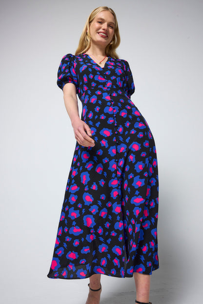 Black with Blue and Pink Shadow Leopard Blouson Sleeve Midi Tea Dress